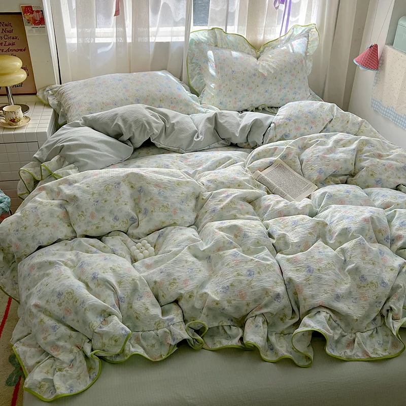 Ruffles Bedding Set Floral Style Duvet Cover Pillowcase with Bedsheet Skin-friendly Bed Linen Set Girls Room Bedclothes 이불세트 image 3