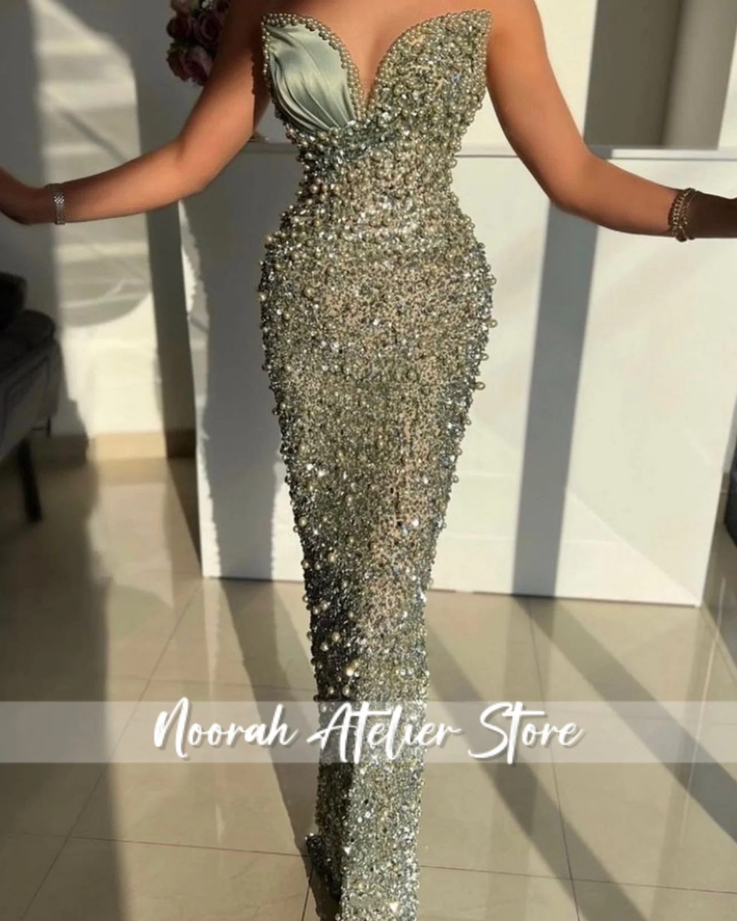 فساتين سهرة نسائية فاخرة على شكل قلب مطرز باللون الأخضر المريمية سباركلي 2025 حورية البحر للنساء دبي فساتين لحضور الحفلات الموسيقية حسب الطلب