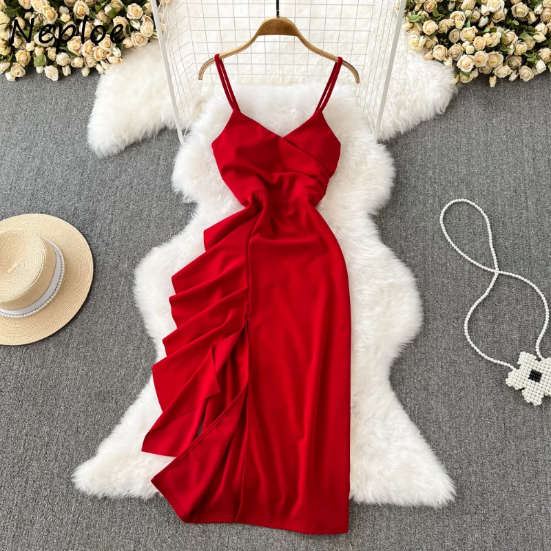 Neploe V Neck Sleeveless Solid Color Vest Robe Femme Vestidos De Mujer Elegant Ruffles Slim Split Hip Package Party Dresses