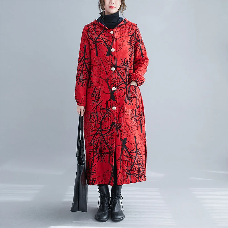 Trench-Coat épais pour femme, manteau à capuche, poches à simple boutonnage, imprimé à la mode, Vintage, Long, vêtements d'extérieur, collection automne hiver 2022