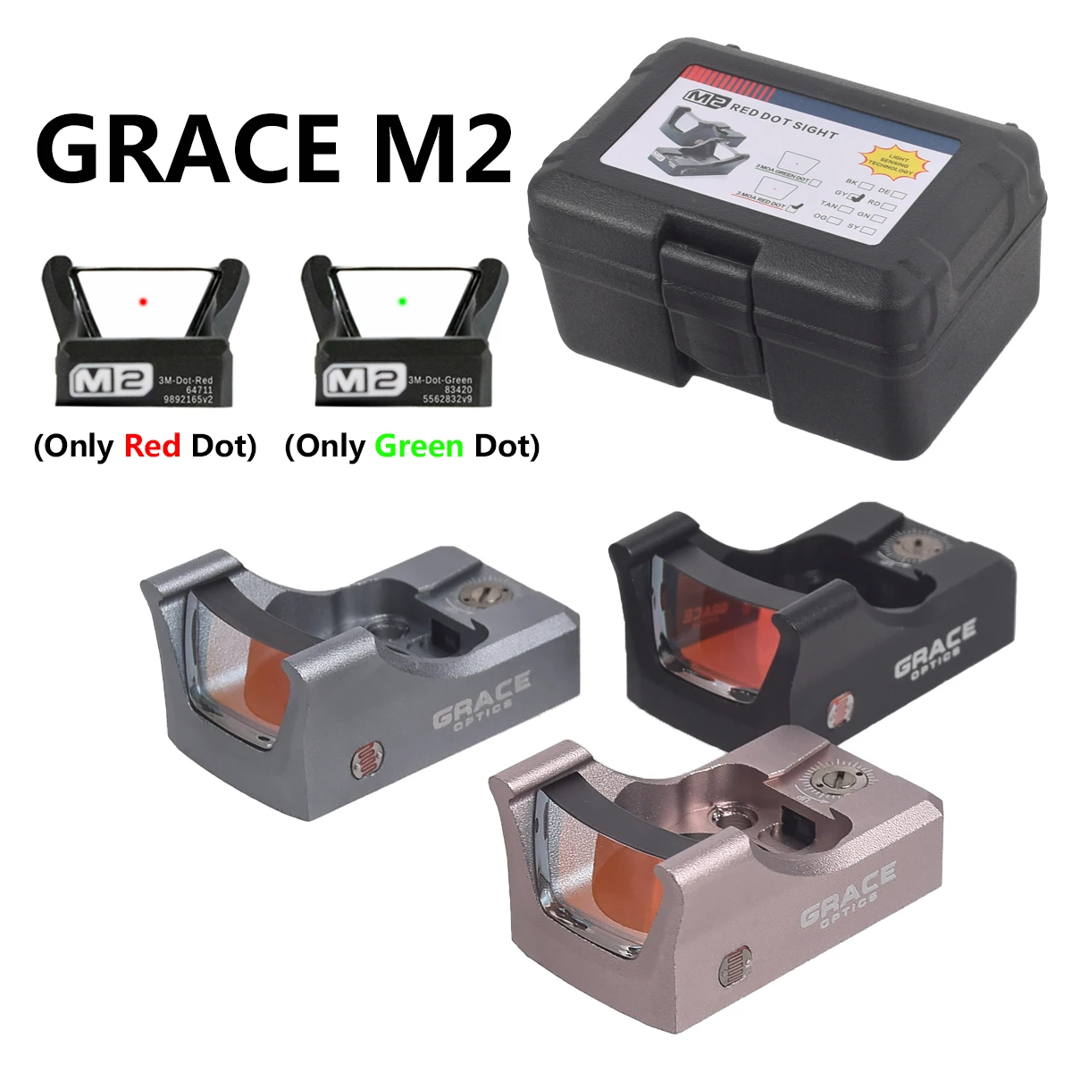 

M2 Grace Optics Светочувствительный прицел 3MOA с красной или зеленой точкой и полной оригинальной маркировкой, тактический рельс 20 мм и универсальным креплением