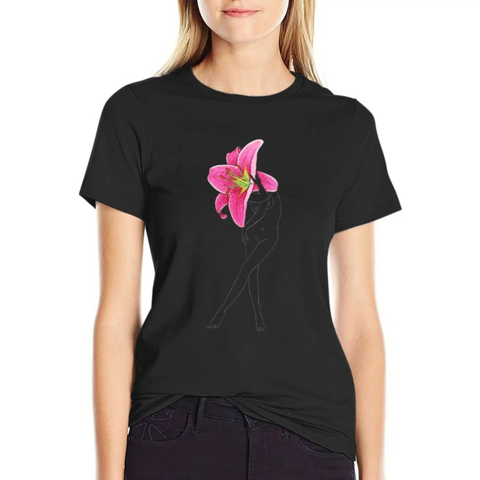 Pink Lily Girl - Flower Woman drawing T-Shirt aesthetic clothes cute tops cotton t shirts Women