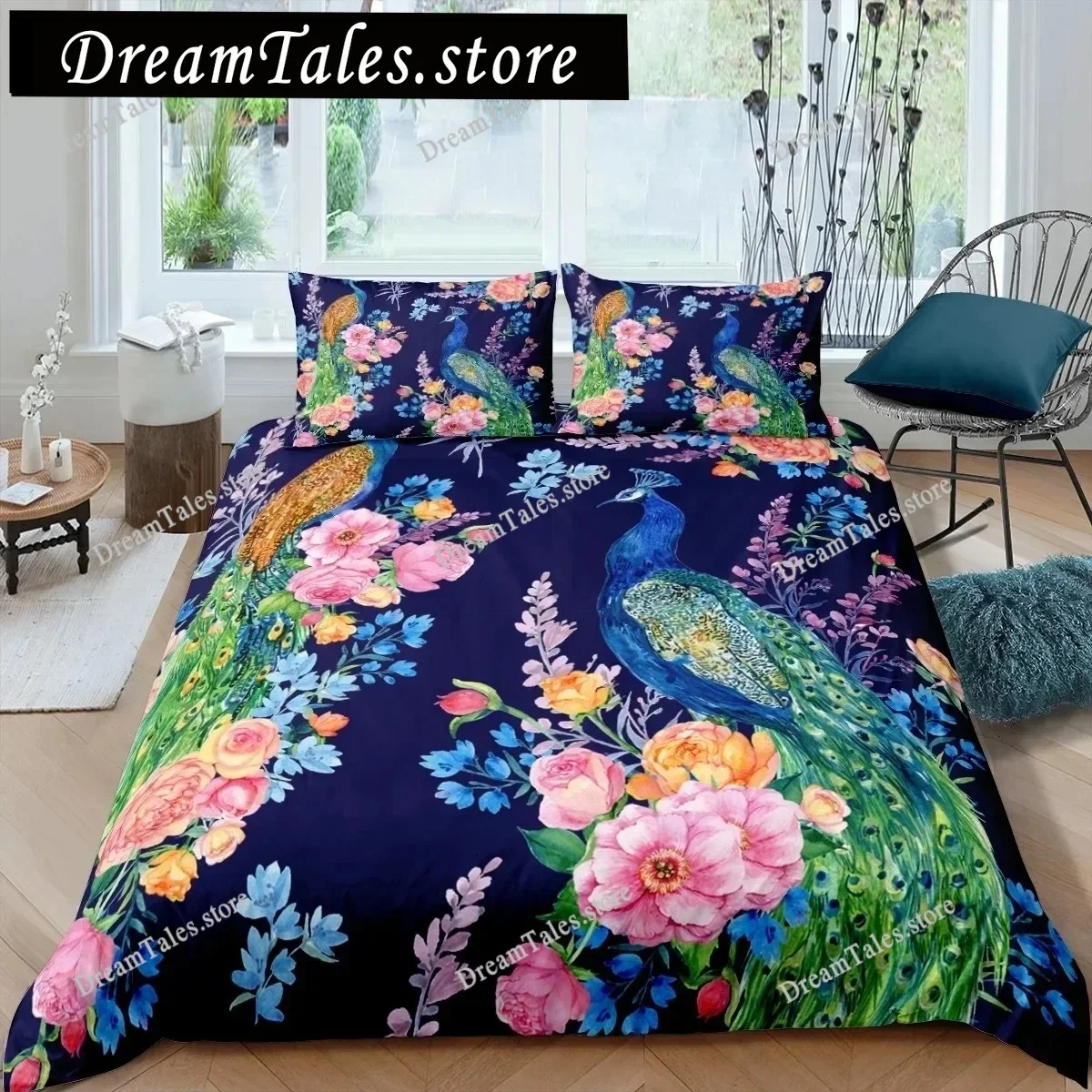 

Peacock Duvet Cover King Queen Size Hummingbird Dragonfly Bedding Set Flowers Birds Quilt Cover Floral Animals Comforter Cover74