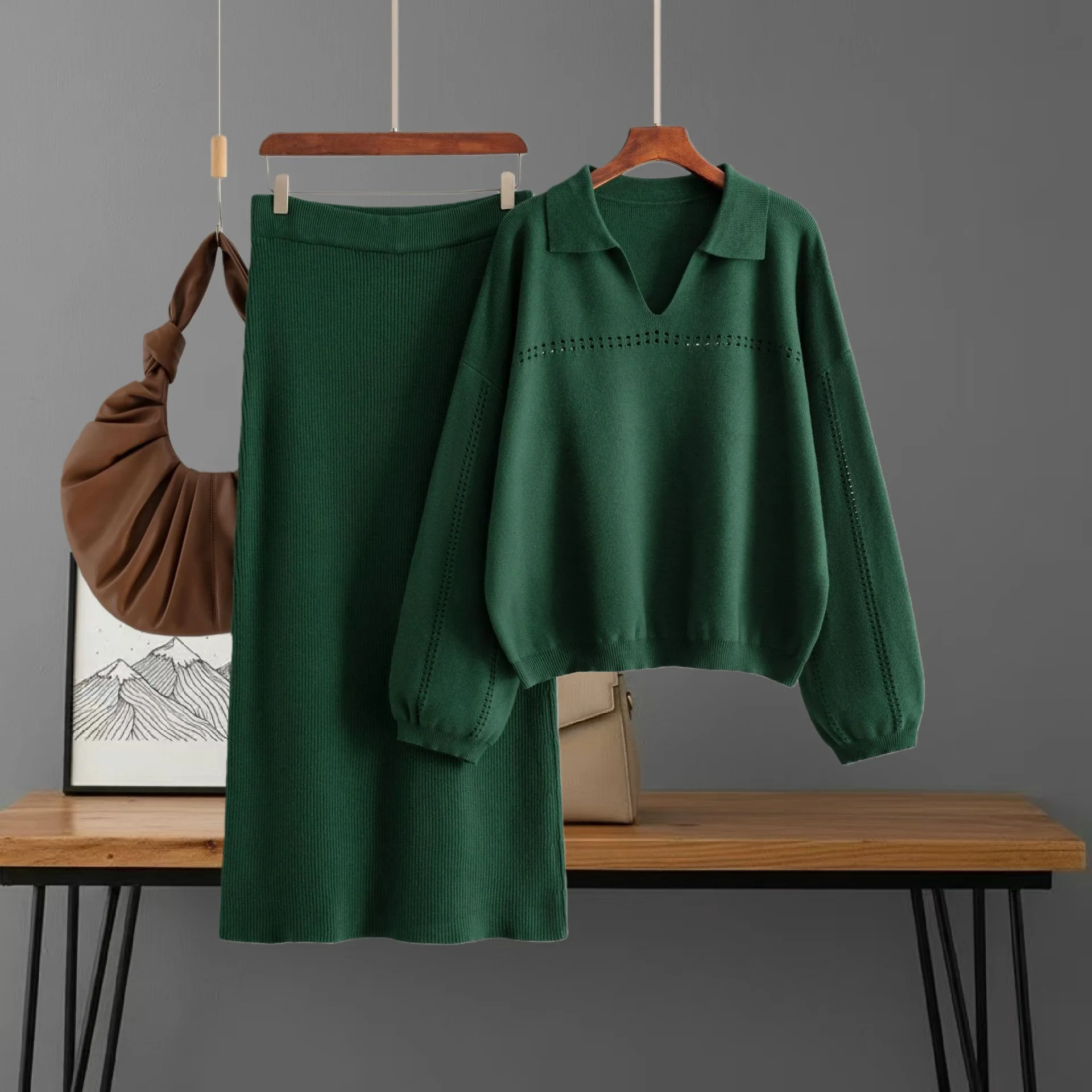 

FW Women's Polo Neck Knit Dress Set Cut Out Pullover Maxi Skirt Two Piece Casual