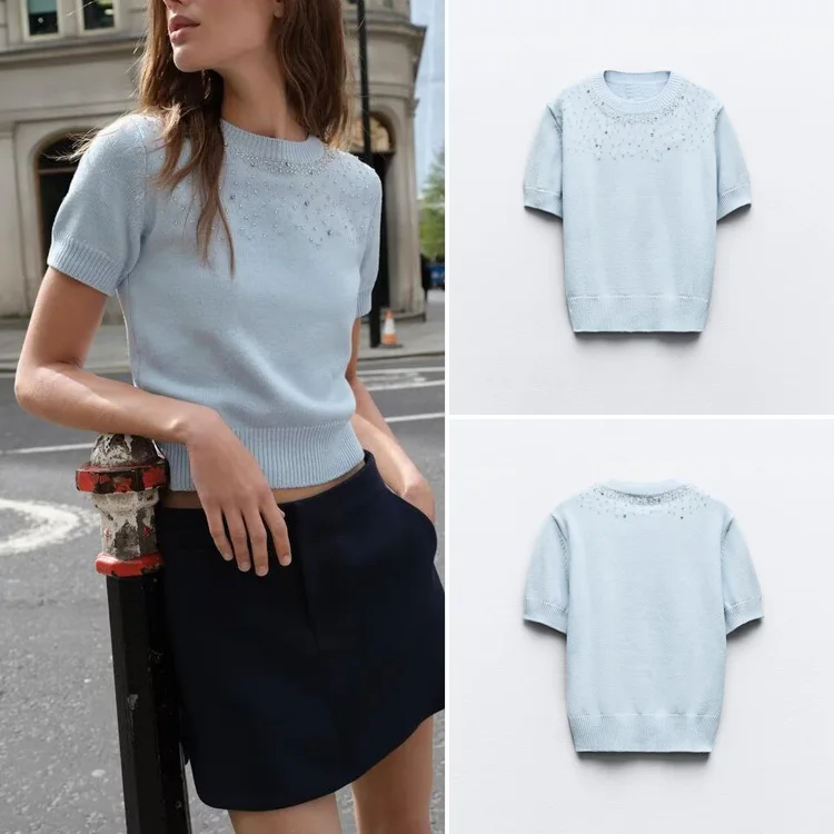 

Новое поступление лета, женский облегающий вязаный свитер с бисером Water Diamond ZA2024, уличный Sle ort Sve round Ne Regular...