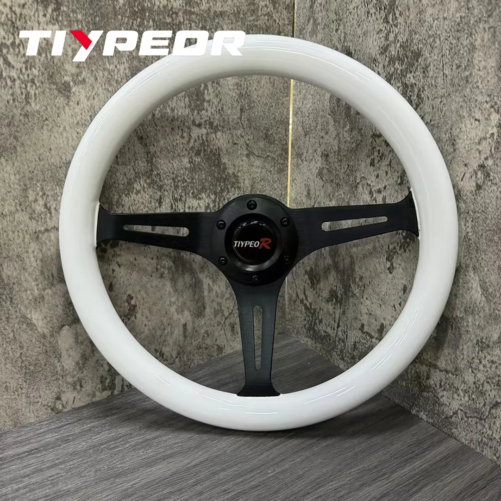 

TIYPEOR White Racing Car Drift 350mm 14 Inch with Fluorescence Solid Wood Steering Wheel