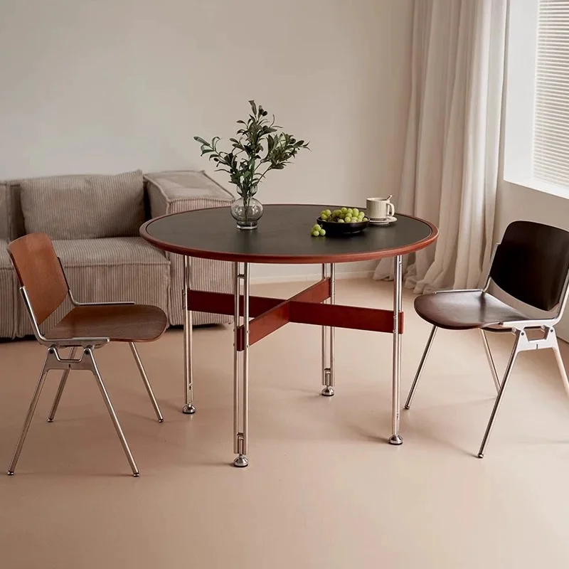 Meja makan batu alam abad pertengahan, meja bundar kayu solid retro, rumah tangga apartemen kecil, mewah ringan, kreatif minimalis, stainless steel