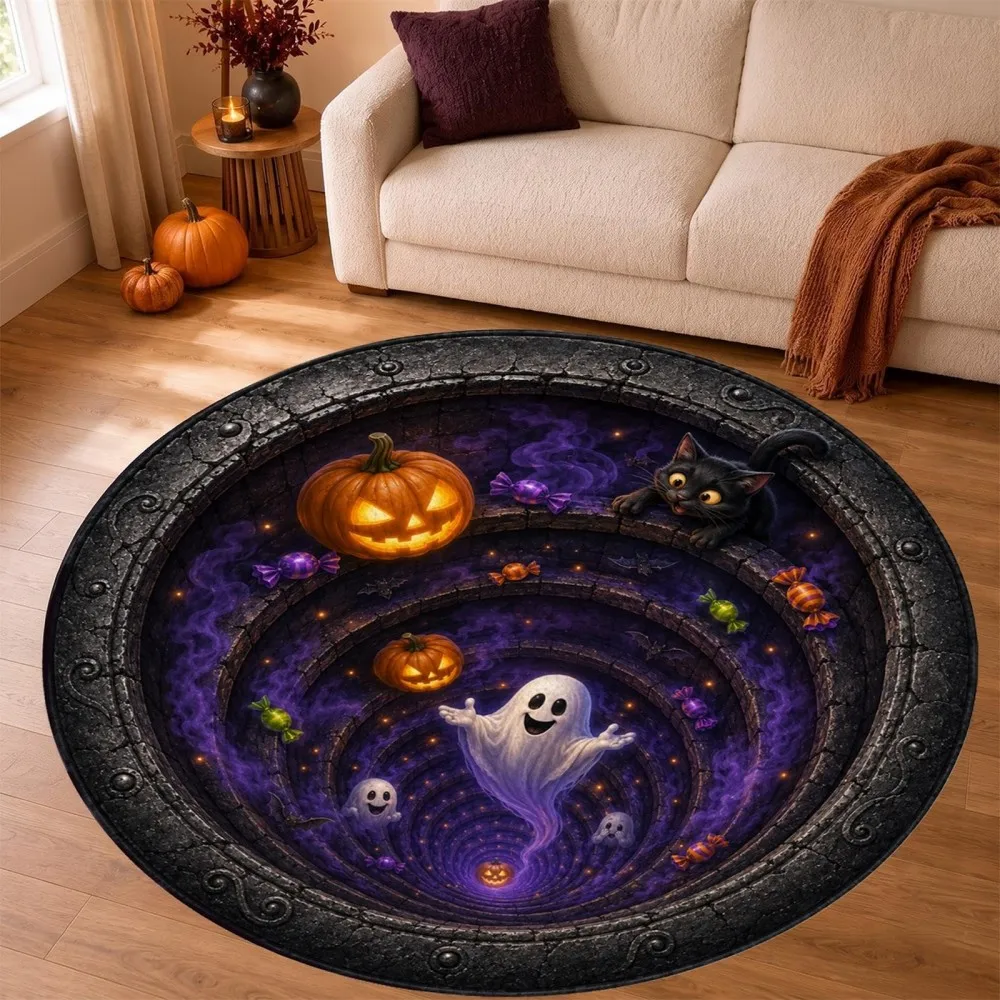 3D Halloween Area Rug Vortex Ghost Pumpkin Round Carpet For Living Room Sofa Bedroom Bedside Hallway Laundry Office Home Decor