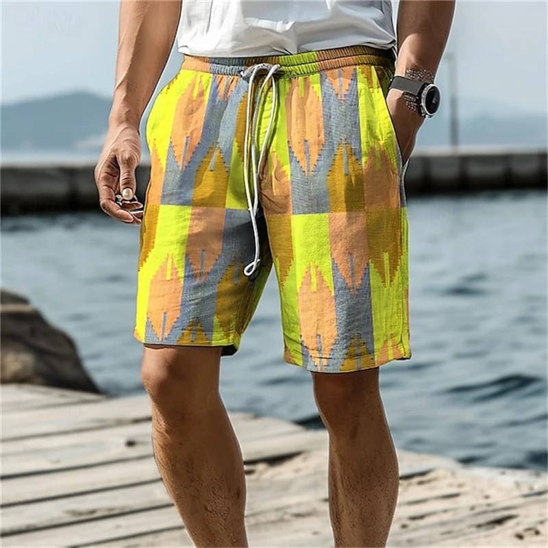 Summer Men's Oversized Beach Shorts Geometry Plaid Print Graphic Sportswear Quick Drying Trunks Ice Shorts Fashion Short Pants