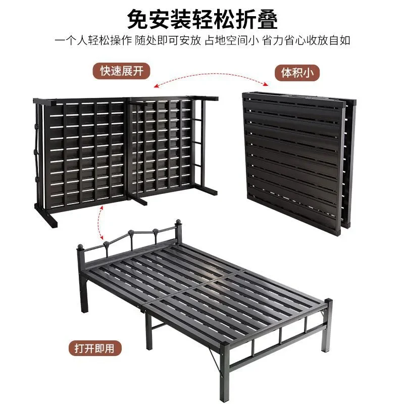 Household Folding Iron Bed Single Double 1.5m Steel Wire Hard Plate Wrought Iron Simple Small Apartment Free Installation