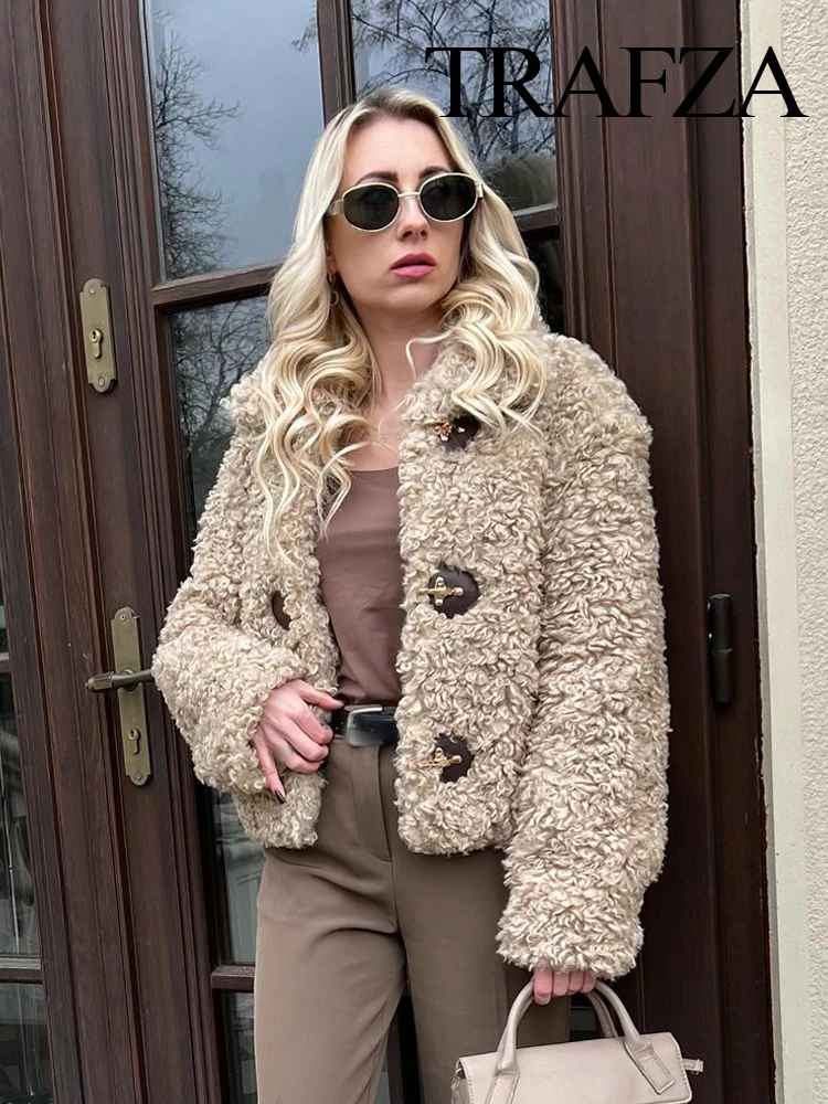 TRAFZA Cappotti da donna moda invernale Colletto rovesciato solido Manica lunga monopetto Giacche spesse stile streetwear femminile