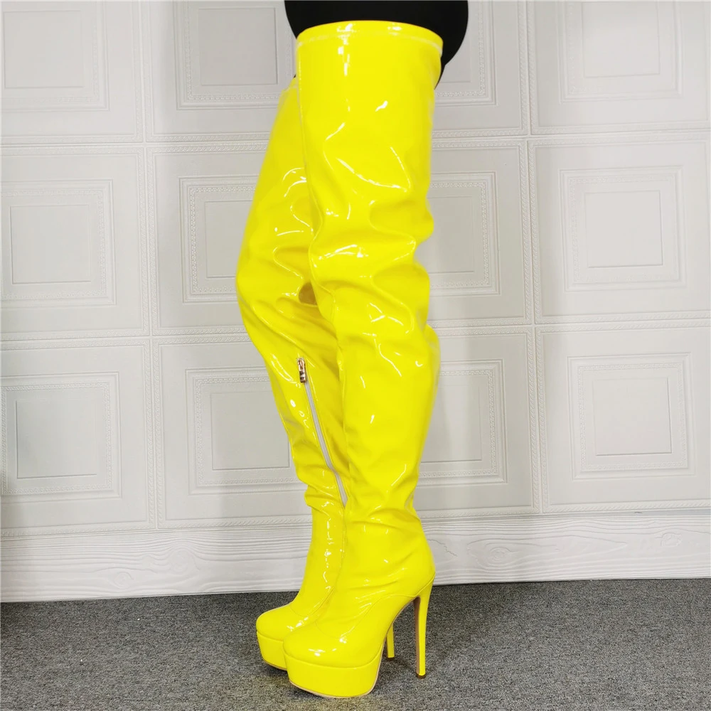 Lemon Yellow Patent Leather High Platform Thigh Boots Club Thin Heel Over The Knee Boots Female Pointed Toe Knight Boots Zapatos