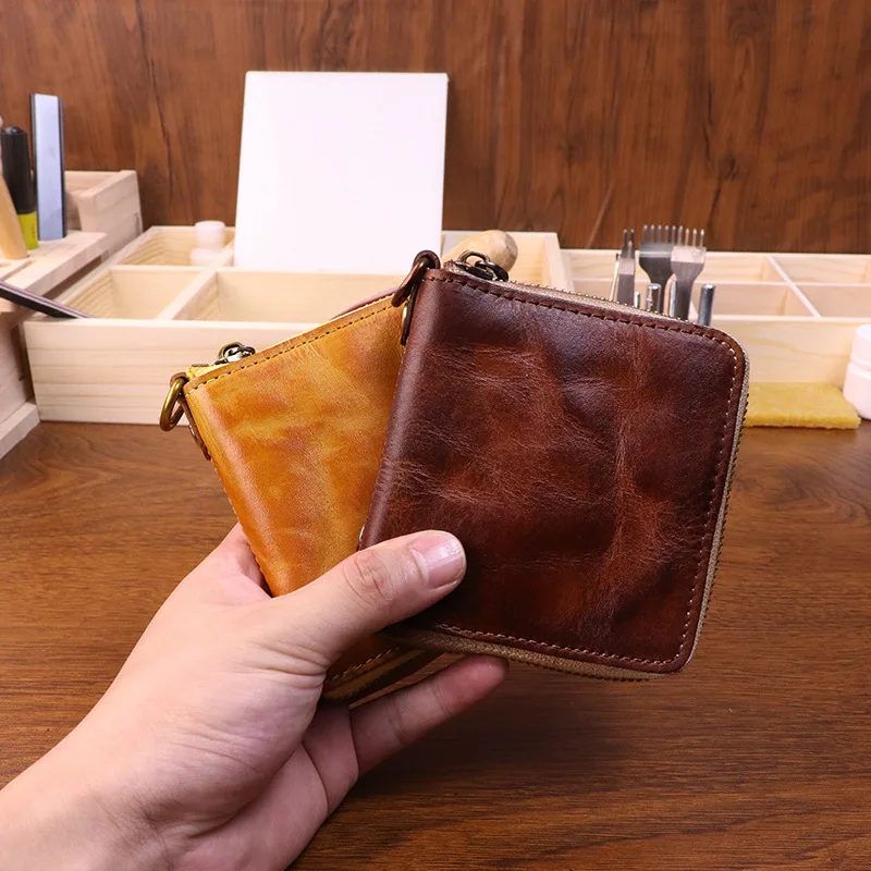 Handmade Leather Wallet Retro Short Japanese Vegetable Tanned Washed Cowhide Personalized Trendy Men's Zipper Banknote Wallet