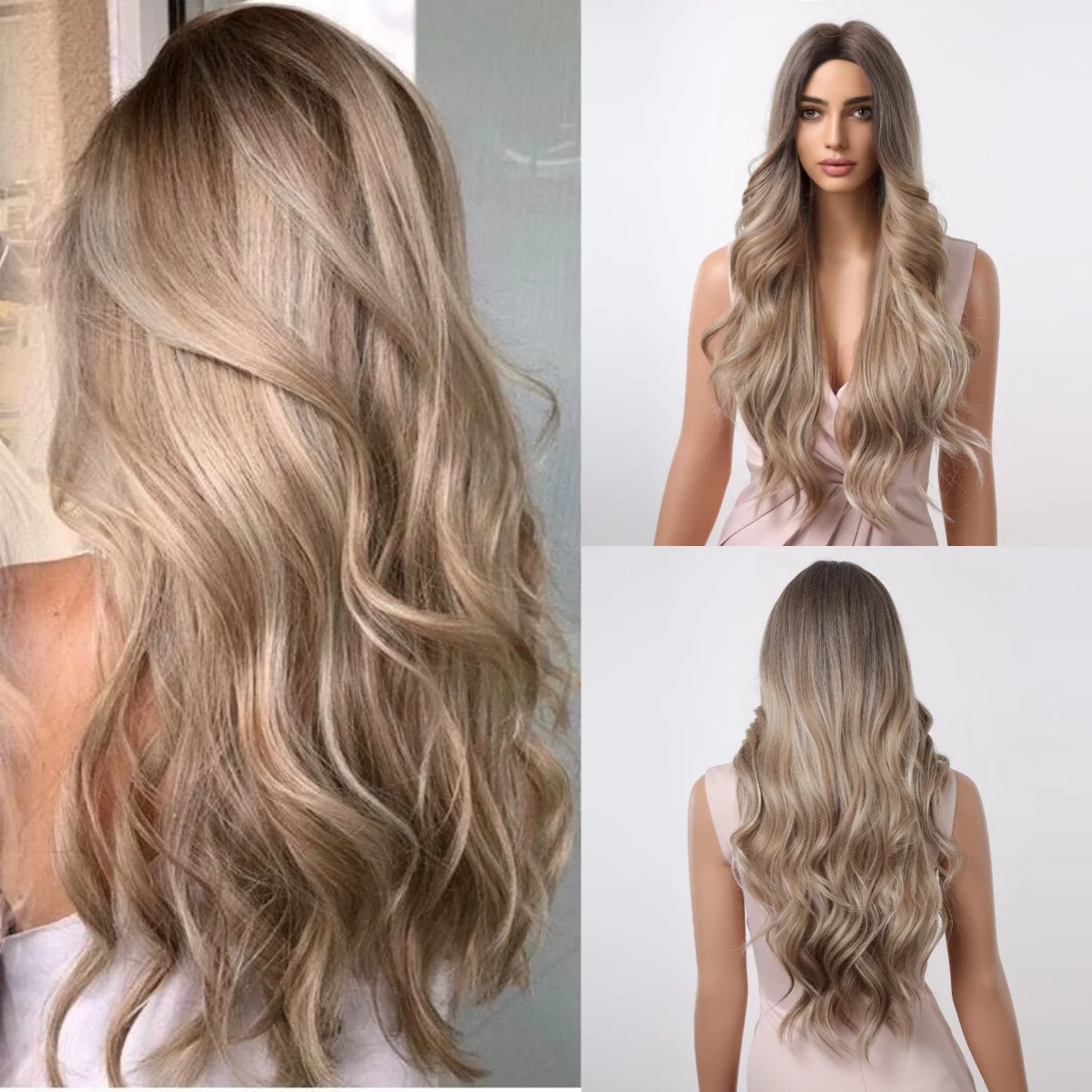 Light Brown Ombre Synthetic Hair Wigs Middle Part Long Body Wavy Wig for Women Daily Party Lolita Fake Hair Heat Resistant Fiber