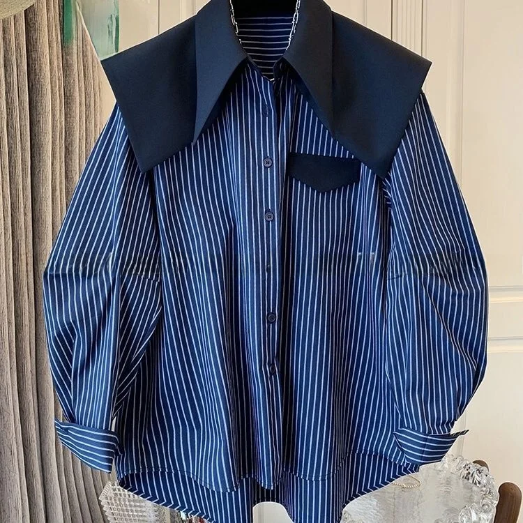 

plus Size 300 Pou Korean Striped Navy Collar Long Sve irt ex Spring Autumn New Sle Big Flip Collar oulder Wra...
