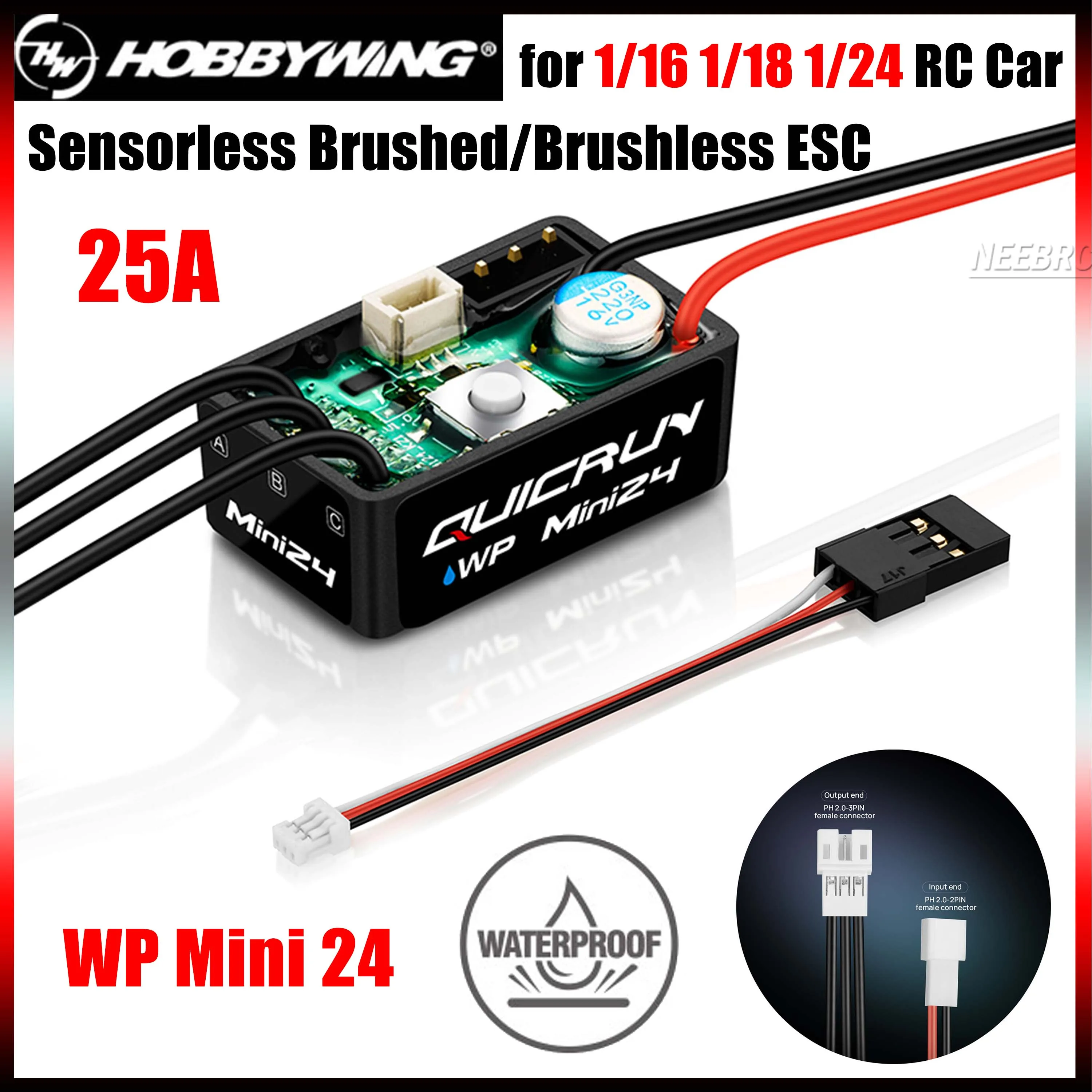 HOBBYWING QuicRun WP Mini 24 25A Wasserdichter sensorloser gebürsteter/bürstenloser Regler 6V/7,4V BEC für 1/16 1/18 1/24 RC Crawler Car Motor