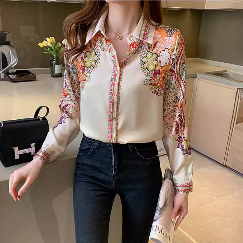 New Fashion Floral Print Women Shirts Satin Tops Long Sleeve Silk Blouses Office Lady Elegant Clothing