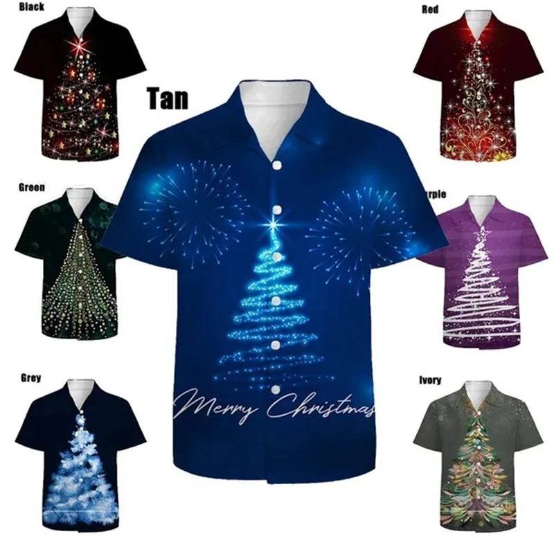 

Christmas Tree Men's Floral Short Sleeve Shirts Hawaiian Tops Mens Regular 3d Printed Mens Clothing Summer Korean Casual Shirt