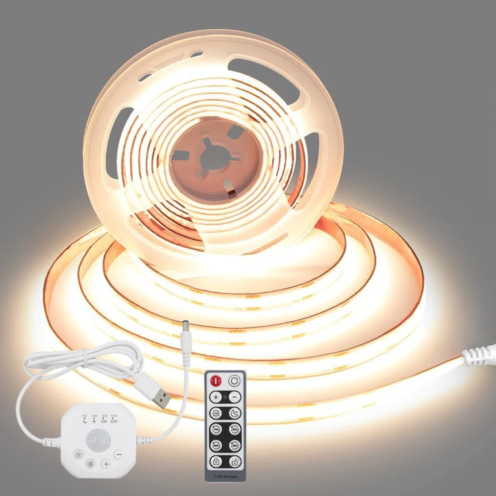 COB LED Strip with Motion Sensor 5V USB LED Tape Light 3000K Warm White 320LEDs/m 1-5m Dimmable Motion Activated With RF Remote