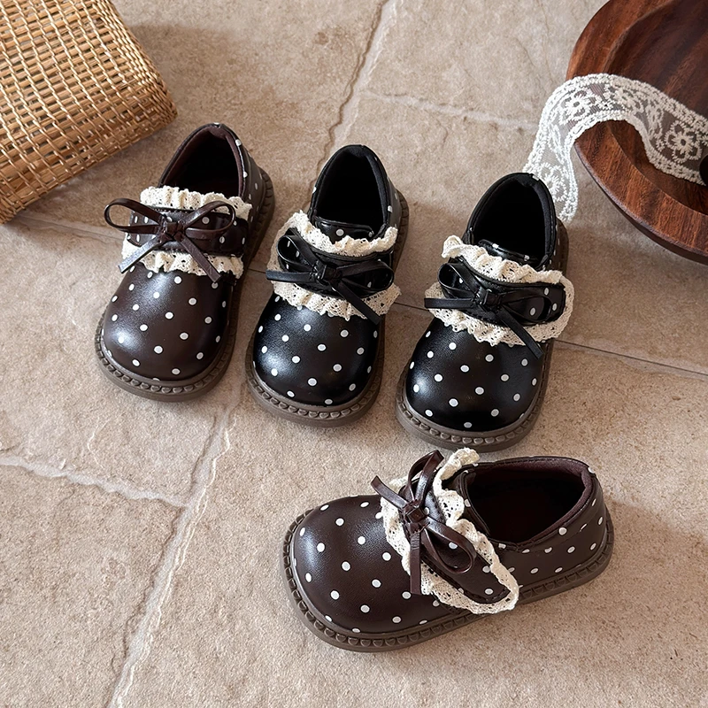 Kids Girls Polka Dot Mary Jane Shoes Toddler Lace Ruffle Bowknot Single Strap Non Slip Soft Sole Dress Shoes
