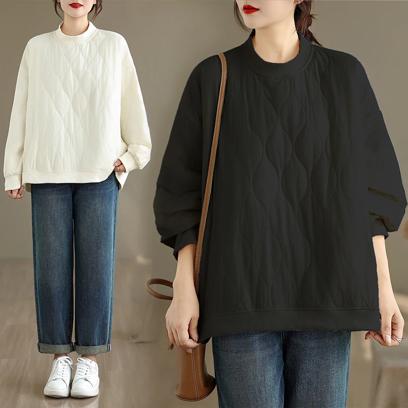 

Lightweight Casual Quilted Cotton Sweatirt Loose Fit Inner Wear Versatile Two Colors Warm Outerwear for Women