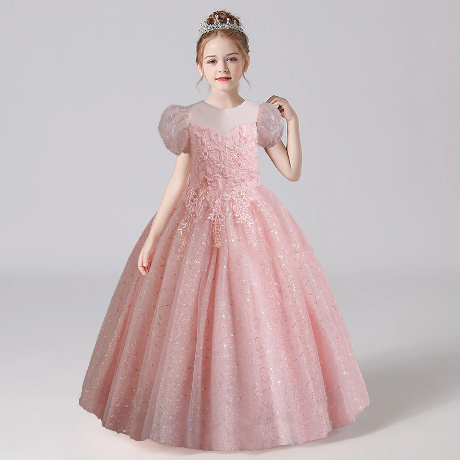 

Charlotte Stylish Little Big Girls Puff Sleeves Embroidered Sequined Flower Girl Birthday Party Formal Princess Pagenat Dress