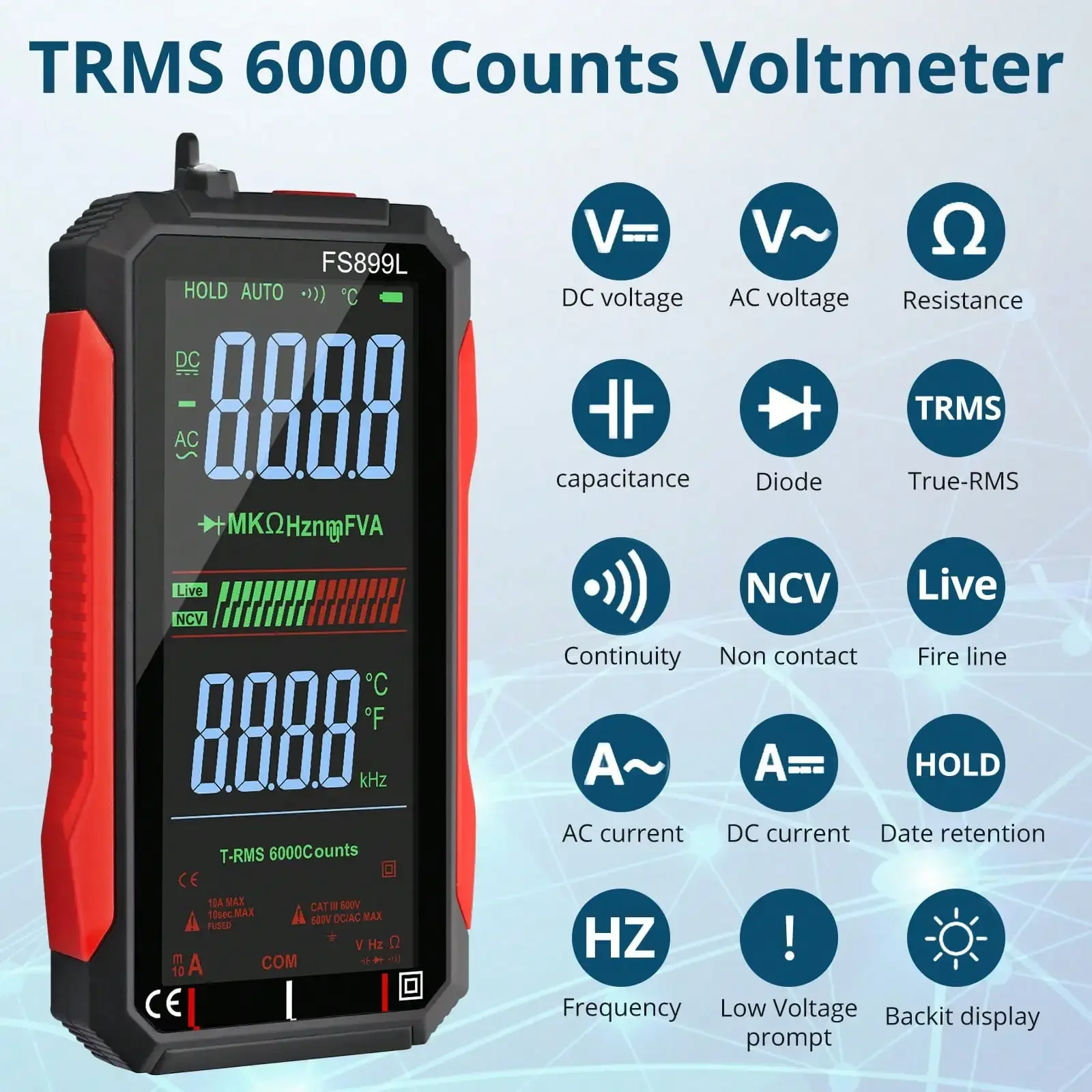 USB Rechargeable Digital Multimeter 6000Counts LCD Display Auto-Ranging Multi Tester for Capacitance Resistance Diode Live Check