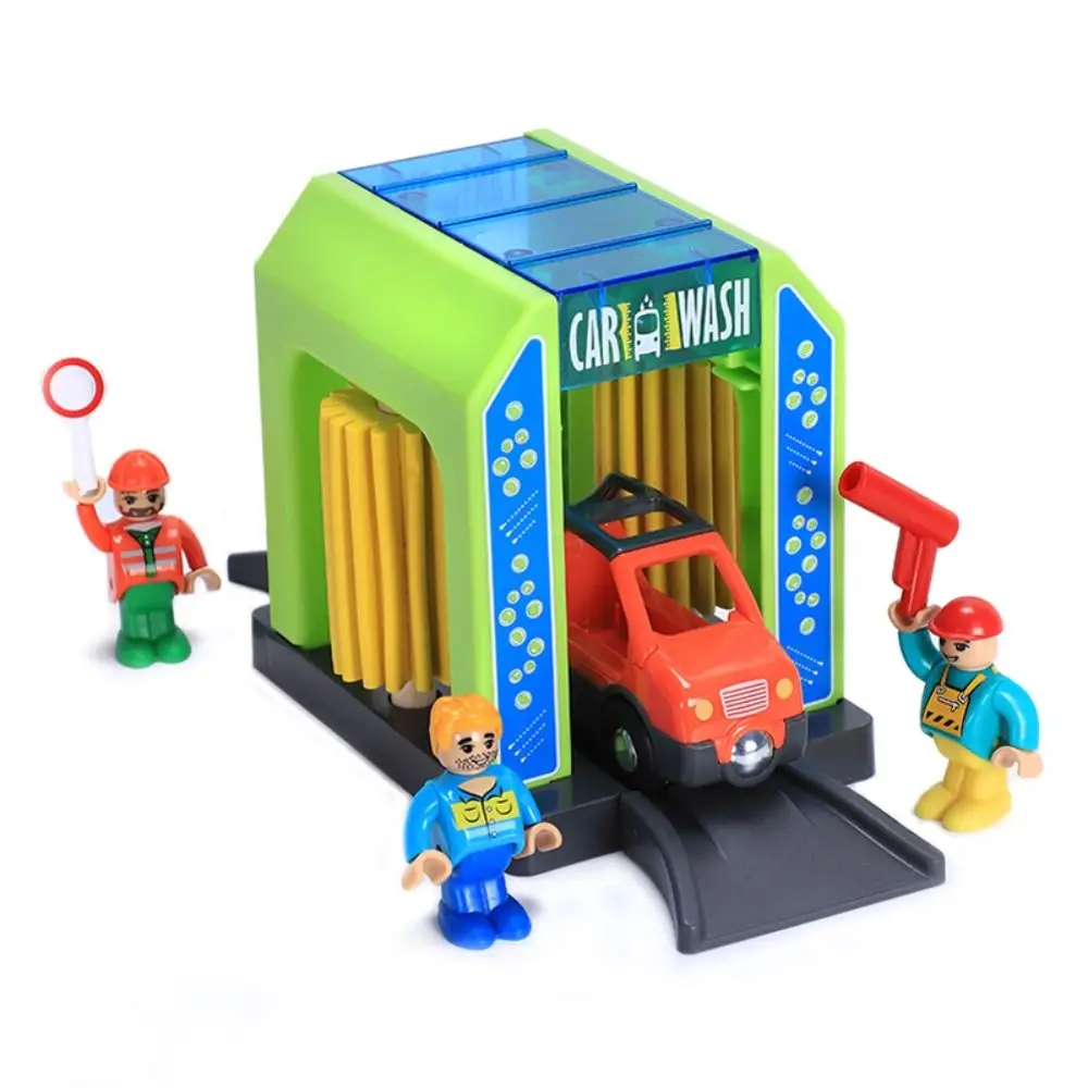 Building Blocks Connection Wooden Train Tracks Railway Toys Police Station Fire Dept Urban Police Station Car Wash Room DIY