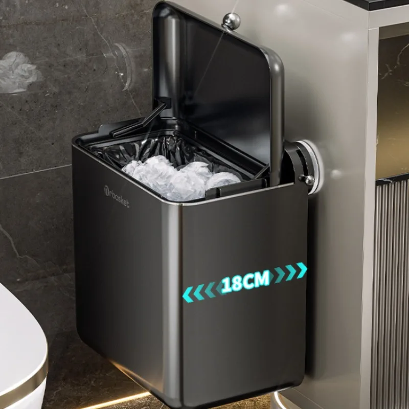 Suction-Cup No-Drill Trash Bin, Kitchen Food Waste Bin, Bathroom Waste Paper Basket with Lid, Wall-Mounted Waterproof Organizer