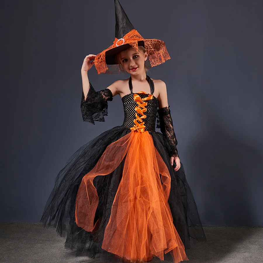 Halloween Children Witch Tutu Dress 4 Piece Suit Toddler Breathable Mesh Fluffy Skirt Girls Stage Show Festive Gathering Outfit