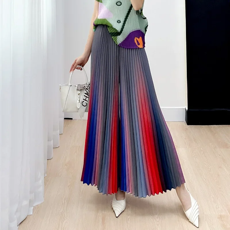 

Women 2024 Spring New Gradient Miyake Pleated Loose and Versatile Wide Leg Flare Pants Fashion Autumn Street Style Rainbow Pants