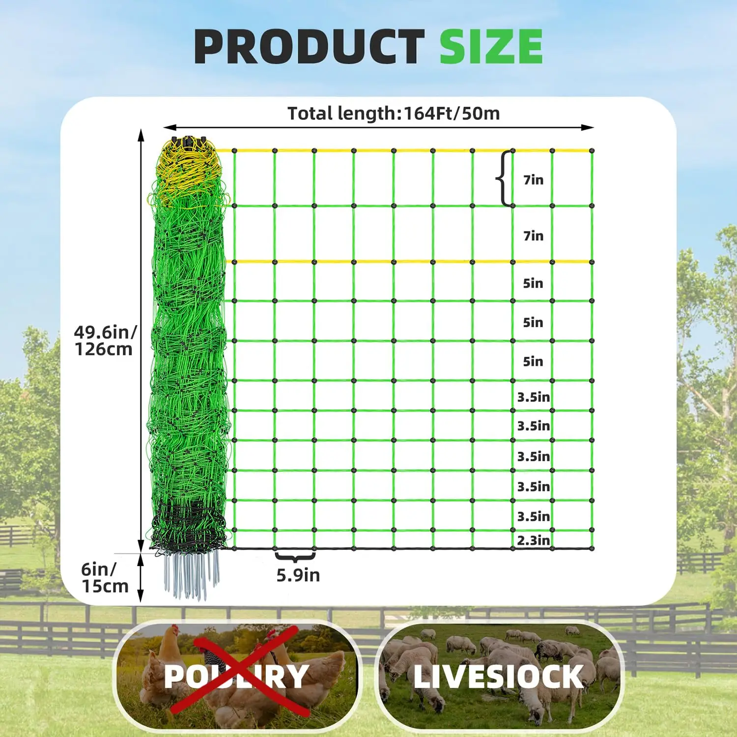 Portable Electric Net Fence for Goats, Sheep, Lambs, Hogs - 49.6" x 164' with Posts & Spikes