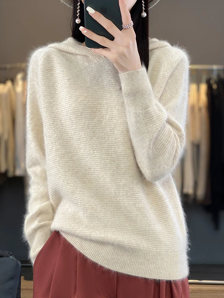 Women\'s Sweater Casual Hoodie 100% Mink Cashmere Solid Long Sleeve Cashmere Knitted Pullover Korean 2024 Autumn Winter Tops