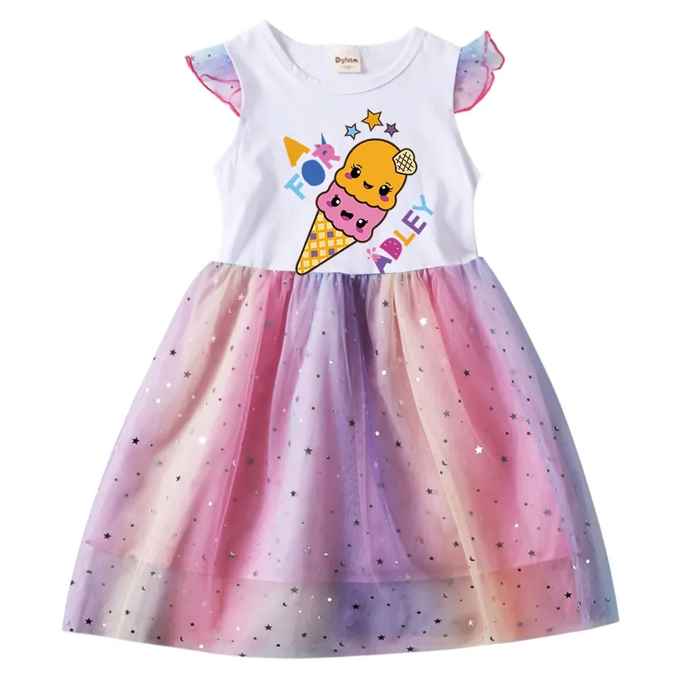 

A FOR ADLEY Dress Kids Short Sleeves Casual Dresses Girls Wedding Party Elegant Princess Vestidos Children's 2024 Summer Outfits