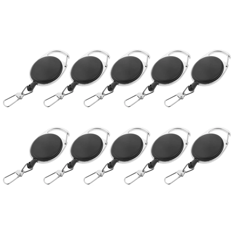 

10X Heavy Duty Retractable Carabiner Badge Tinker Reels 60Cm Pull Wire With Key Ring Clip Black