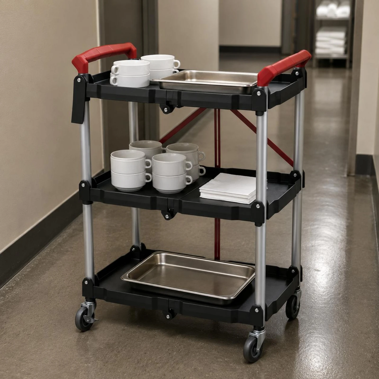 Folding Tool Trolley Multi-Layer 3-Tier Rolling Trolley Rolling Storage Trolley Raised Edges Caster Wheels