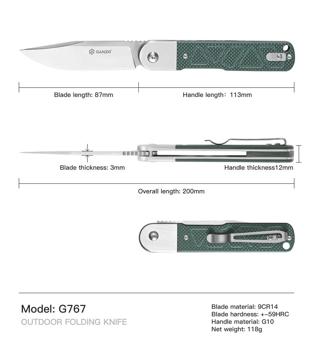 Imagem -06 - Ganzo-faca Dobrável para Sobrevivência ao ar Livre Faca de Acampamento Lâmina 9cr14 Alça G10 Novo Modelo G767 Fbknife 2024
