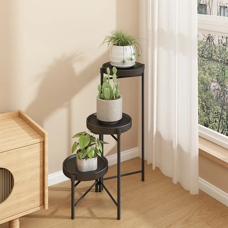Three layer folding iron flower rack, living room, floor standing balcony, simple potted plant, staircase flower rack, green ivy