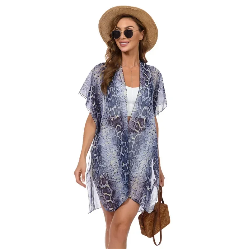 Chiffon Printed Beach Sunscreen Suit Middle Garment Holiday Cardigan Snake Pattern Bikini Blouse Women Seaside Leisure Fashion