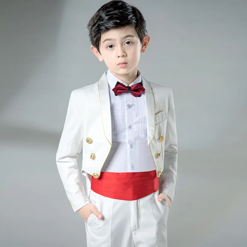 Abrigo de cola para niños de Halloween, vestido blanco de flores para niñas, traje para niños, Mini traje, espectáculo de pasarela de presentador, traje de actuación de Piano