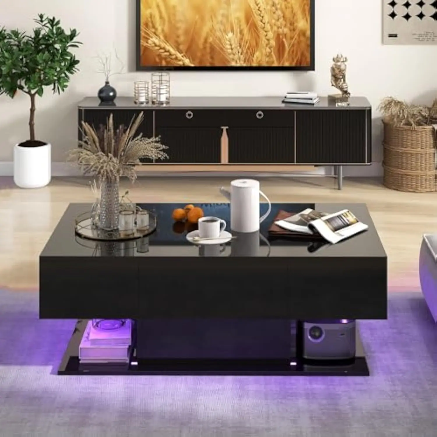 

Modern LED Coffee Table - 2-Tier Center Table w/ 2 Storage Drawers, Adjustable Brightness & Speed, 20-Color Light, 43.5''L Rec