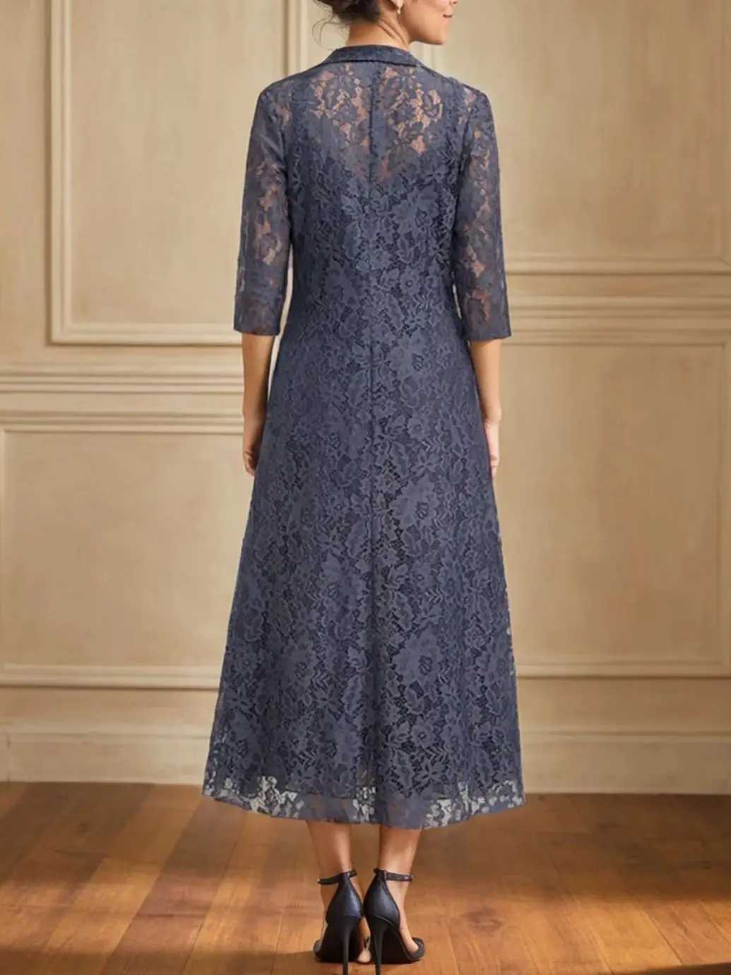 ชุดราตรีสองชิ้นสุดหรู คอวี ผ้าชีฟอง แต่งลูกไม้ แขน 3/4 ความยาวระดับชา กระโปรงหลายชั้น ชุดแม่เจ้าสาว ปี 2025 ปรับแต่งได้ฟรี