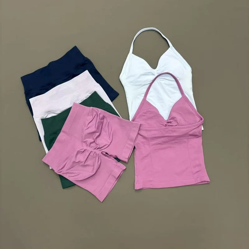  2 Piece Women Fitness Set Longline Strappy Top Suit Seamless Yoga Scrunch Shorts Workout Running Suit Gym Sports Sets
