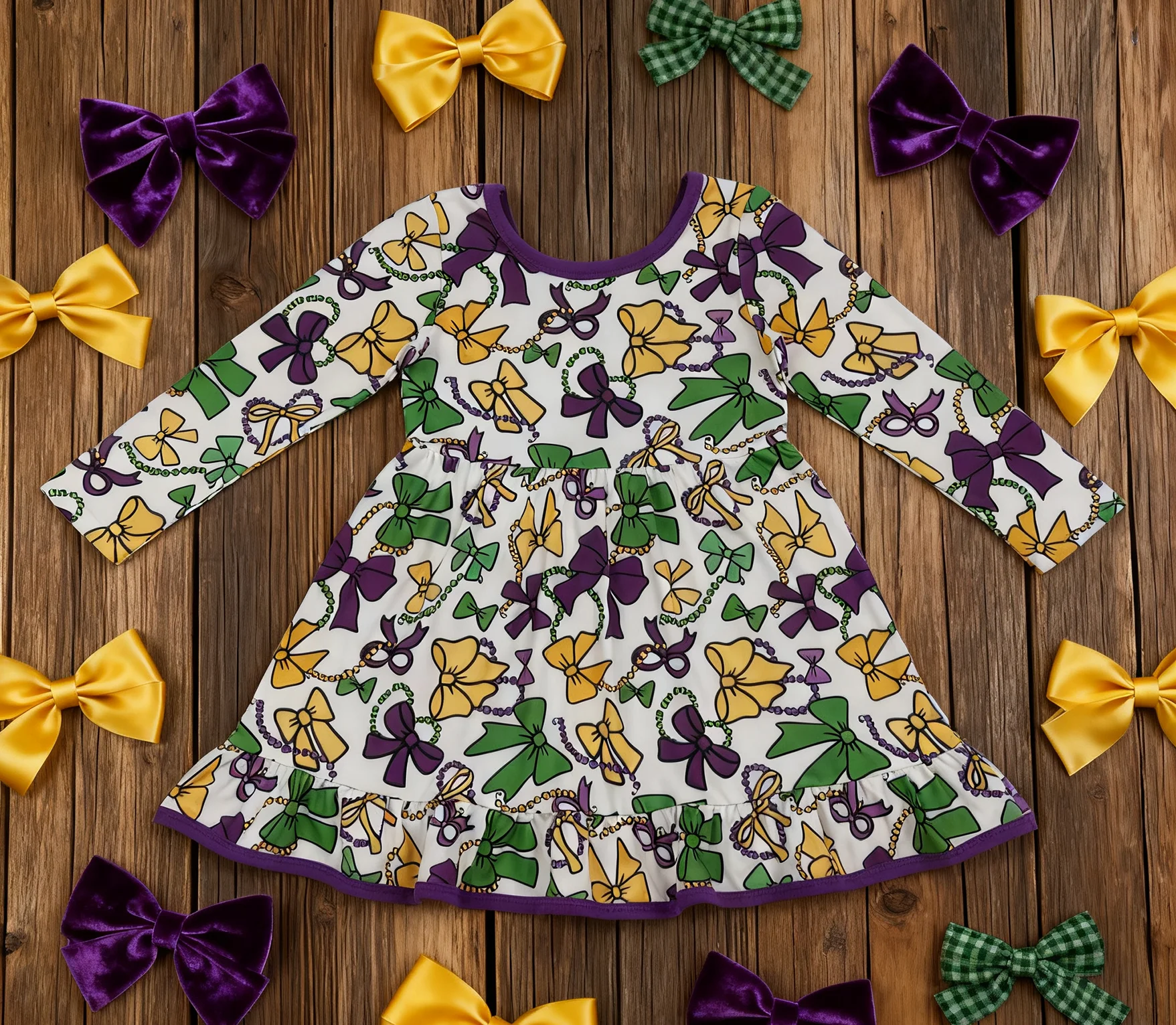 

Z1001-14 GLD1320 Детская одежда для девочек Детское платье с длинными рукавами и бантами с принтом