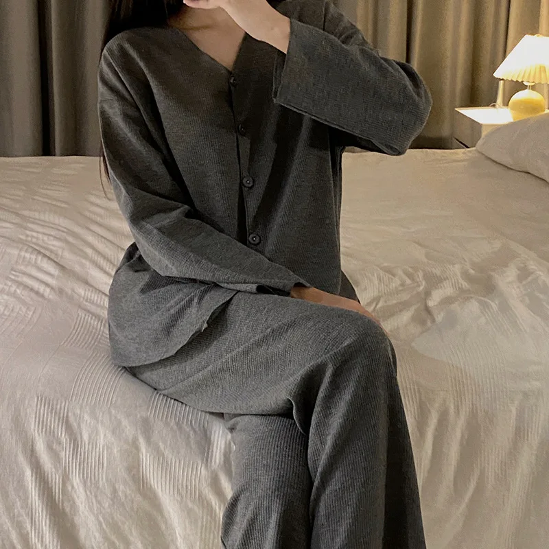 Simple Waffle Pajamas Sets For Women Casual Soft Female Home Sleepwear Cardigan Long Sleeve With Loose Pants 2Pcs Autumn Winter