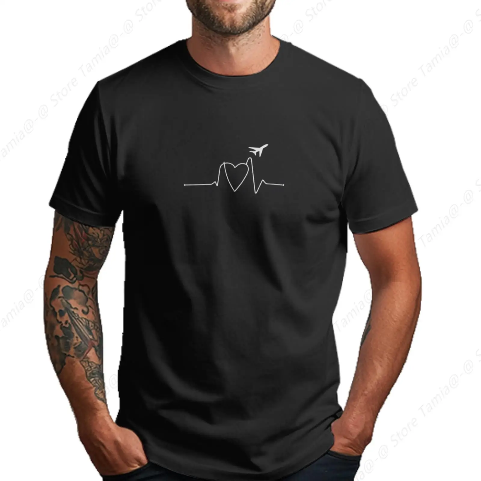 

Airplane Heartbeat Graphic Men's Crew Gram Short - Sleeve T - Shirt with Chest Heat Transfer Print Cozy Feel