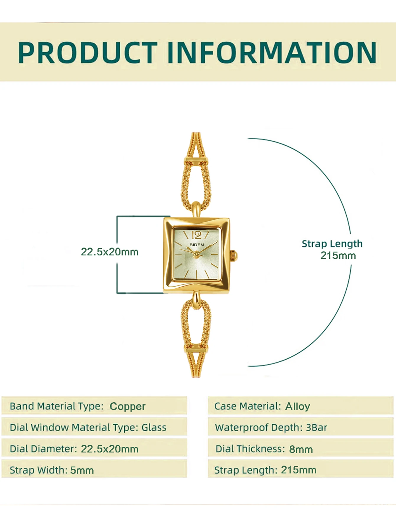 BIDEN 여성용 럭셔리 스퀘어 시계, 구리 팔찌, 날짜 시계, 방수 쿼츠 시계, Relogio Feminino