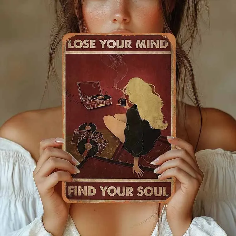 Vintage 60er 70er Jahre Musik-Wandkunst-Poster, Sängerin mit Vinyl & Kassetten-Print, „Lose Your Mind Find Your Soul“, Bohemian Home Office