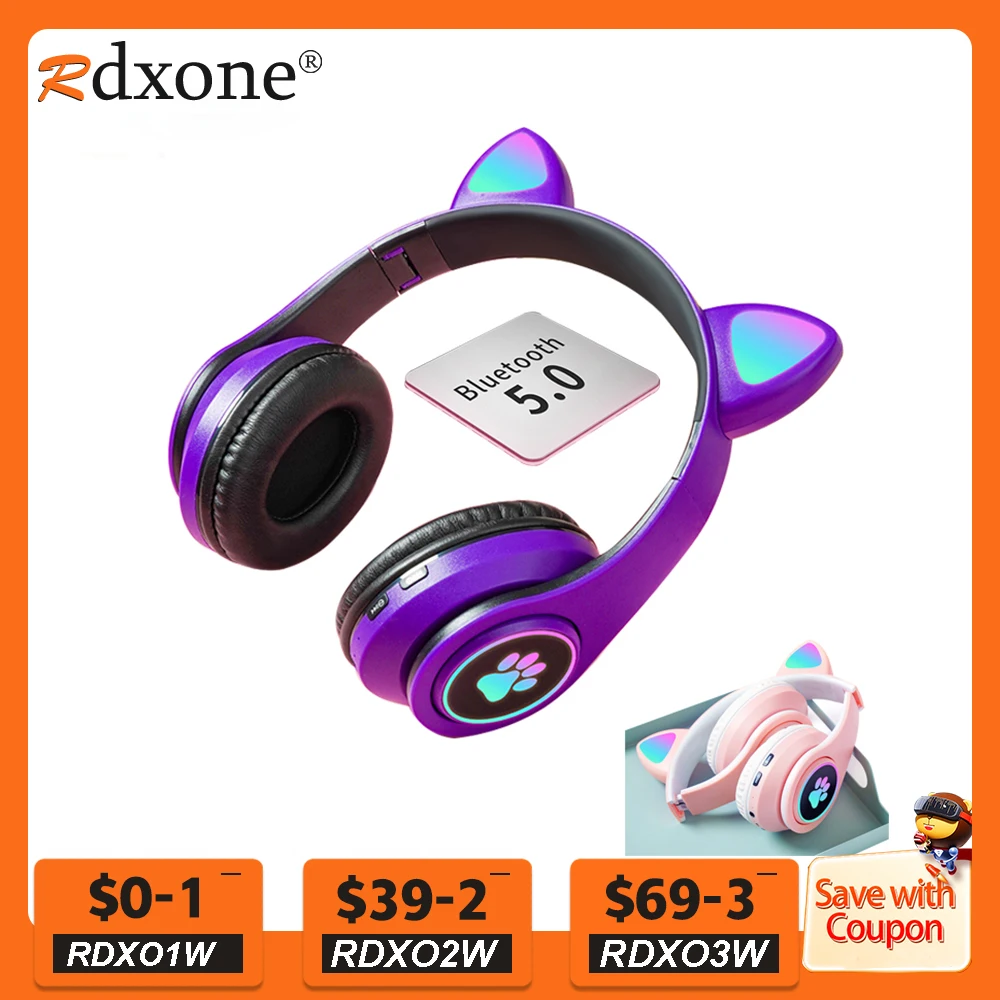 Wireless Headset Cat Ears Headphones with Mic Blue-tooth Glow Light PC Phone Gaming Headset Children Gamer Girl Gifts