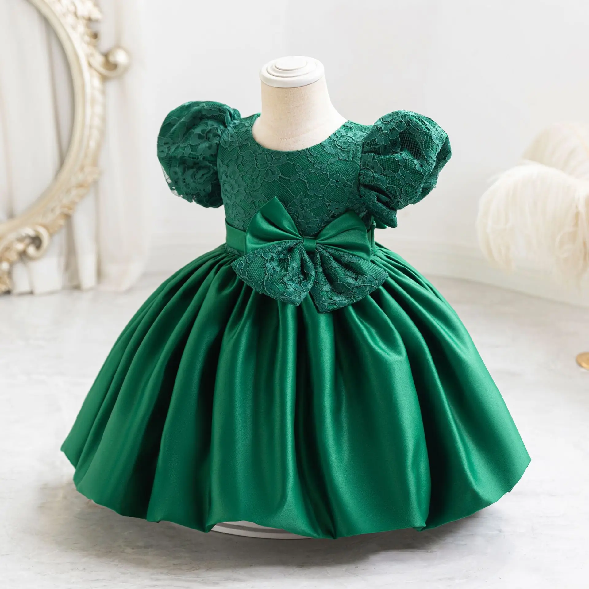 HETISO Kid\'s Dress Solid Satin Tutu Baby Dresses Embroidery Lace Infant Birthday Party Ball Gown 1-6 Years